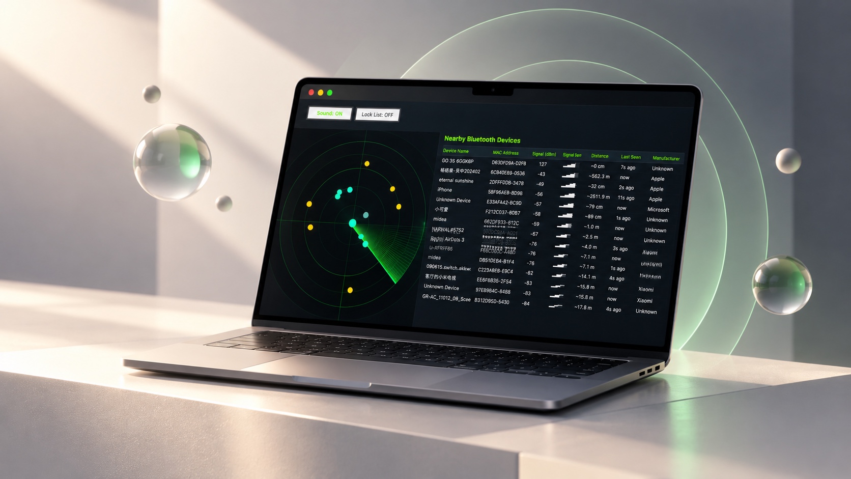 Bluetooth Sonar on a laptop, showing a green radar display and nearby Bluetooth devices