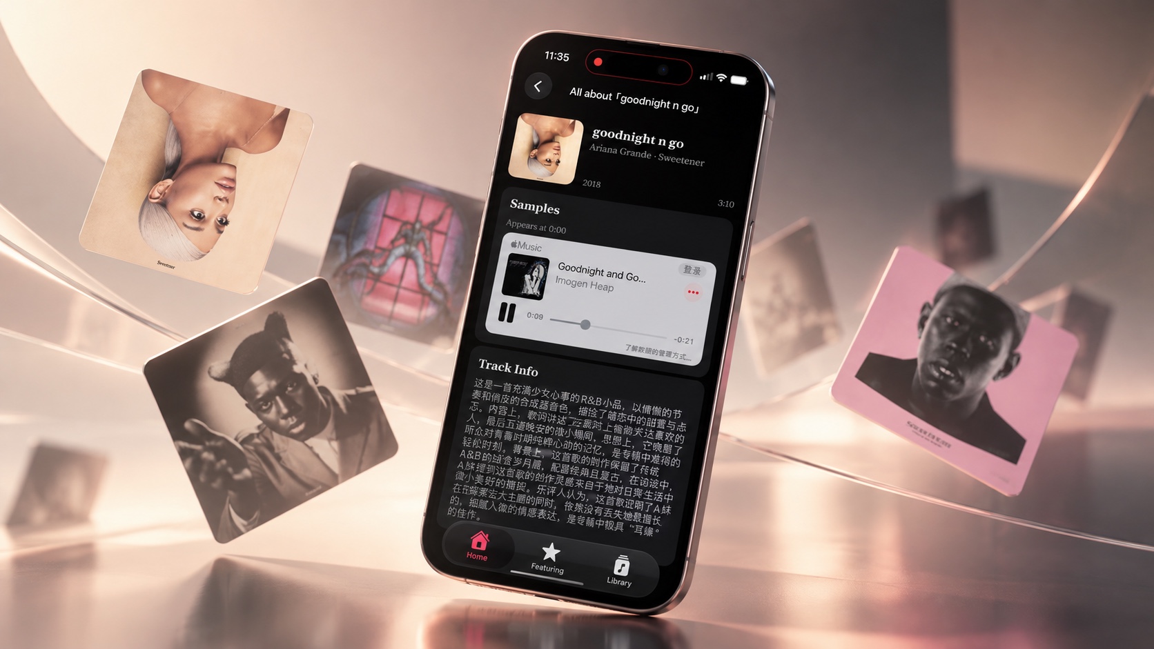 LinerNotes music app on an iPhone, surrounded by album artwork