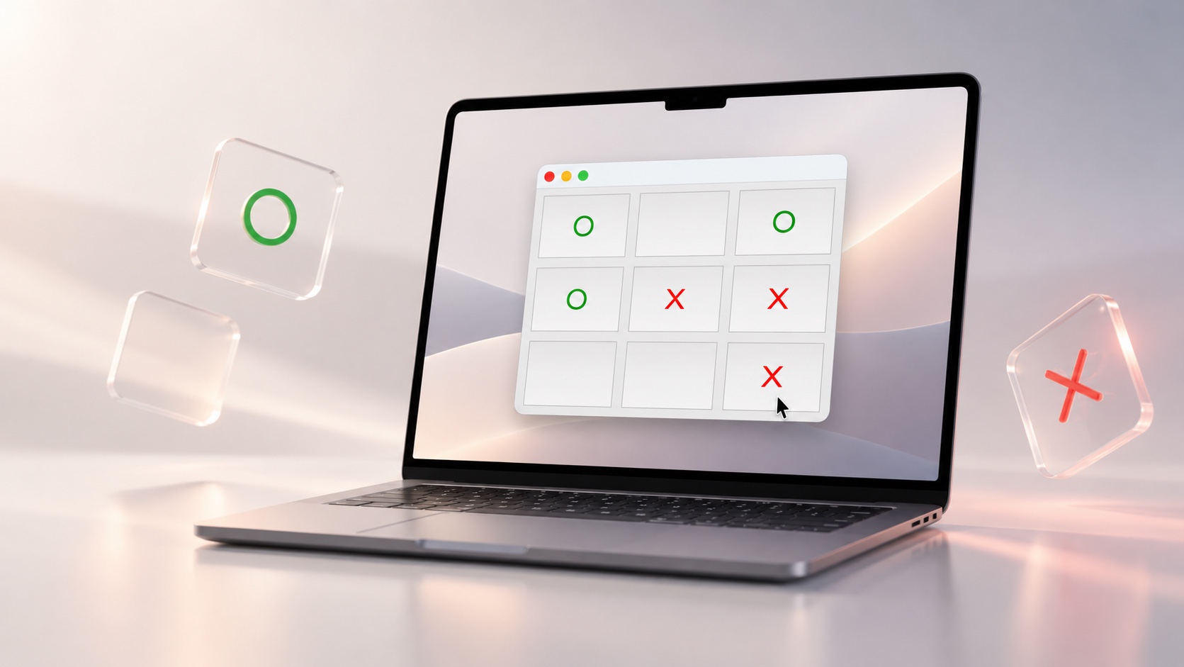 Minimax AI Tic-Tac-Toe interface on a laptop with floating X and O tiles